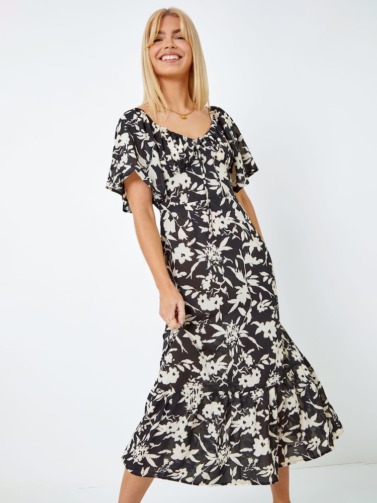 Dusk Black Contrast Floral Tiered Midi Dress - Image 1 of 5
