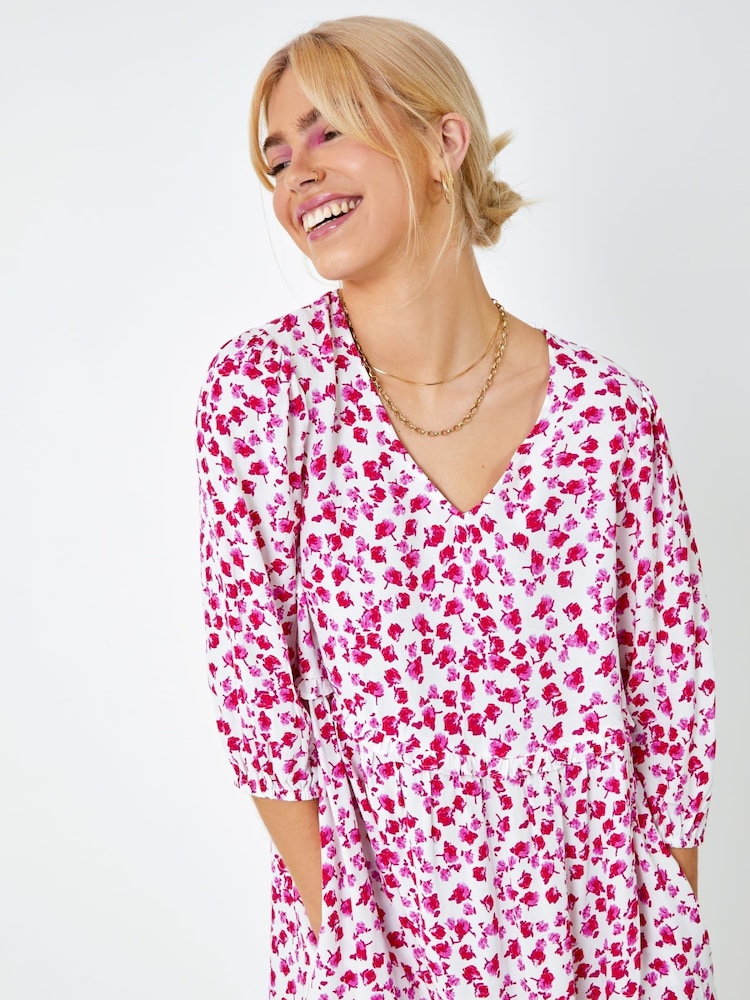 Dusk Pink Floral Print Frill Detail Smock Dress - Image 5 of 5