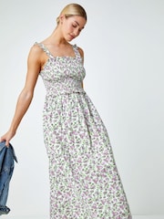 Dusk White Floral Print Shirred Stretch 100% Cotton Maxi Dress - Image 1 of 5