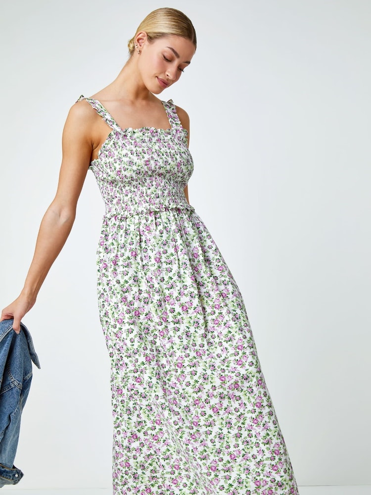 Dusk White Floral Print Shirred Stretch 100% Cotton Maxi Dress - Image 1 of 5