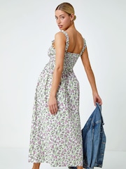 Dusk White Floral Print Shirred Stretch 100% Cotton Maxi Dress - Image 2 of 5