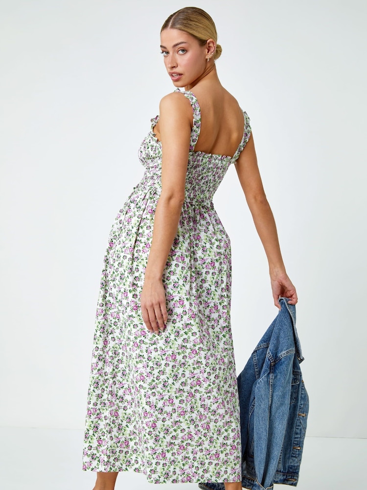 Dusk White Floral Print Shirred Stretch 100% Cotton Maxi Dress - Image 2 of 5