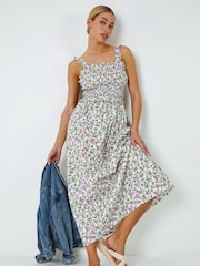 Dusk White Floral Print Shirred Stretch 100% Cotton Maxi Dress - Image 3 of 5