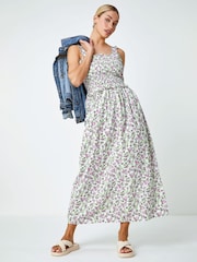 Dusk White Floral Print Shirred Stretch 100% Cotton Maxi Dress - Image 4 of 5