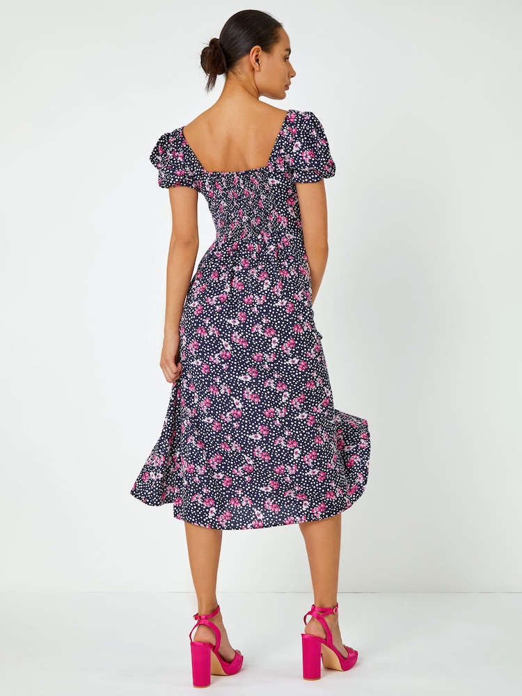Dusk Black Floral Polka Dot Puff Sleeve Dress - Image 2 of 5