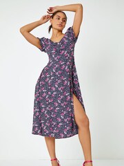 Dusk Black Floral Polka Dot Puff Sleeve Dress - Image 3 of 5