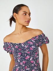 Dusk Black Floral Polka Dot Puff Sleeve Dress - Image 4 of 5
