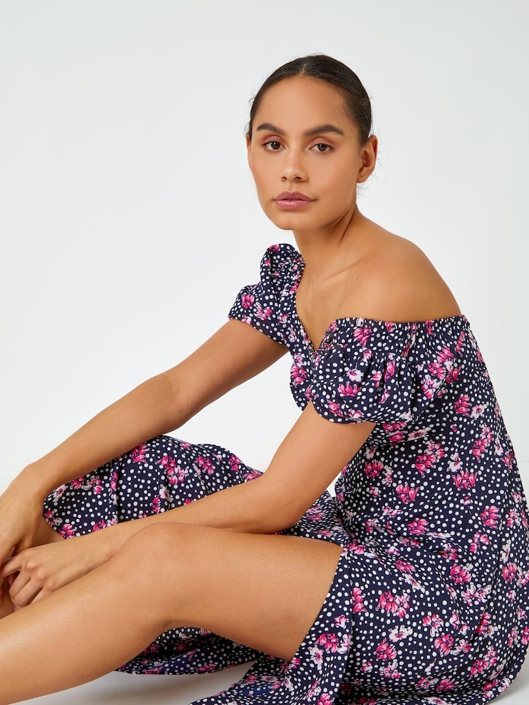 Dusk Black Floral Polka Dot Puff Sleeve Dress - Image 5 of 5