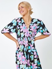 Dusk Black Floral Print Wrap Mini Dress - Image 1 of 5