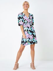 Dusk Black Floral Print Wrap Mini Dress - Image 3 of 5