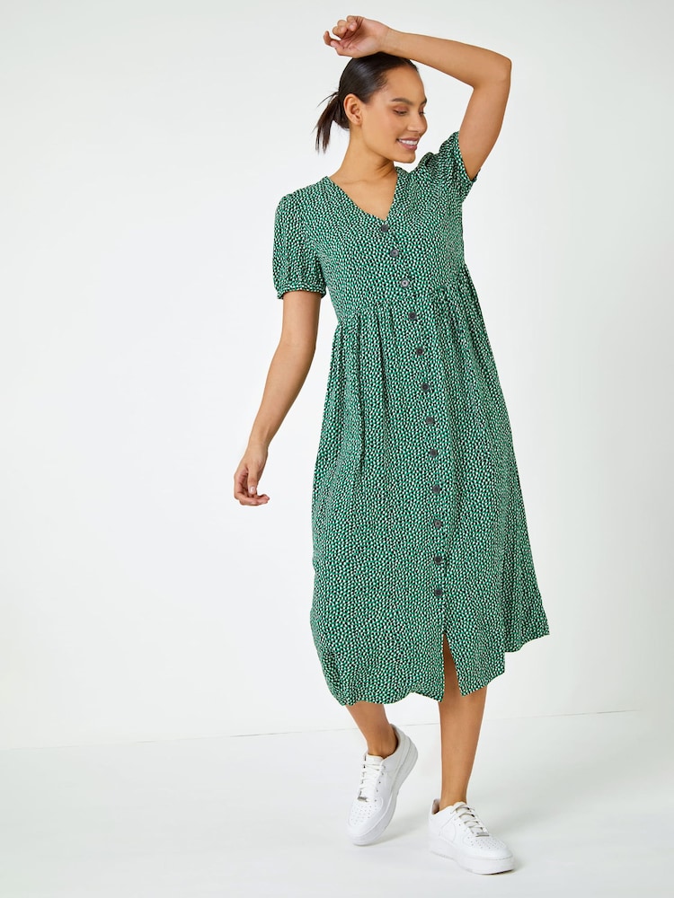 Dusk Green Ditsy Spot Button Through Midi Dress - Image 1 of 5
