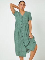 Dusk Green Ditsy Spot Button Through Midi Dress - Image 3 of 5