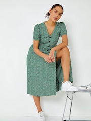 Dusk Green Ditsy Spot Button Through Midi Dress - Image 4 of 5
