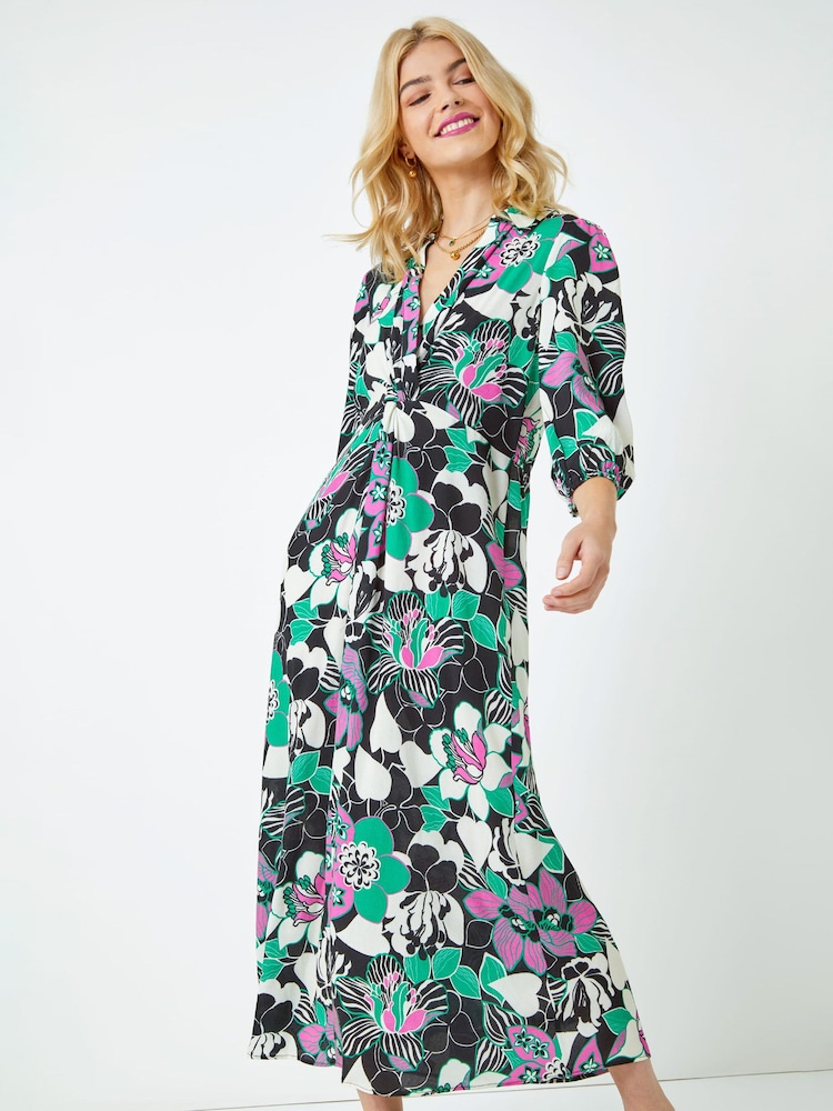 Dusk Black Floral Twist Front Maxi Shirt Dress - Image 1 of 5
