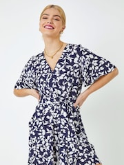 Dusk Blue Leaf Print Wrap Playsuit - Image 1 of 5