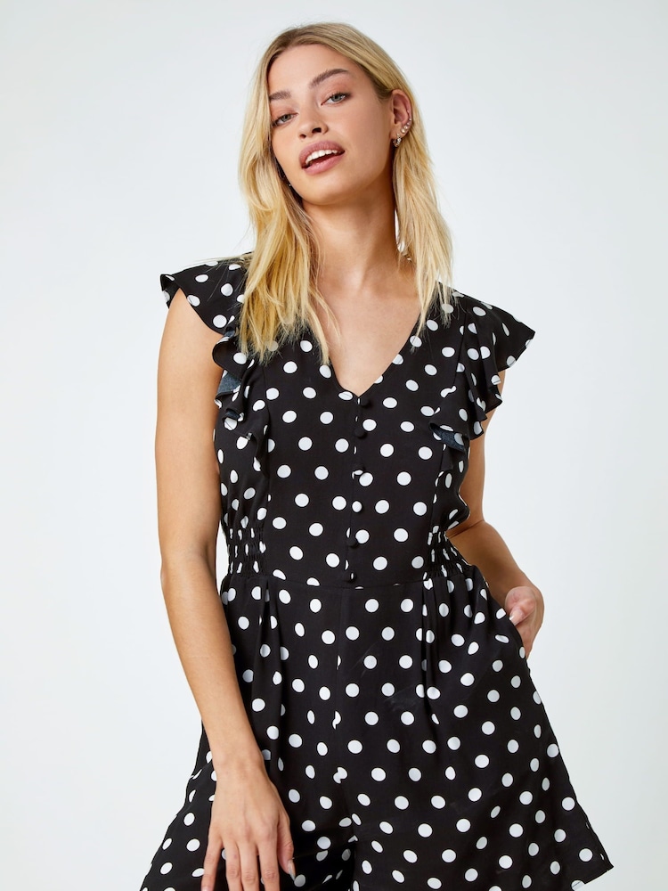 Dusk Black Polka Dot Print Frill Playsuit - Image 1 of 1 Dusk Black Polka Dot Print Frill Playsuit - Image 1 of 1