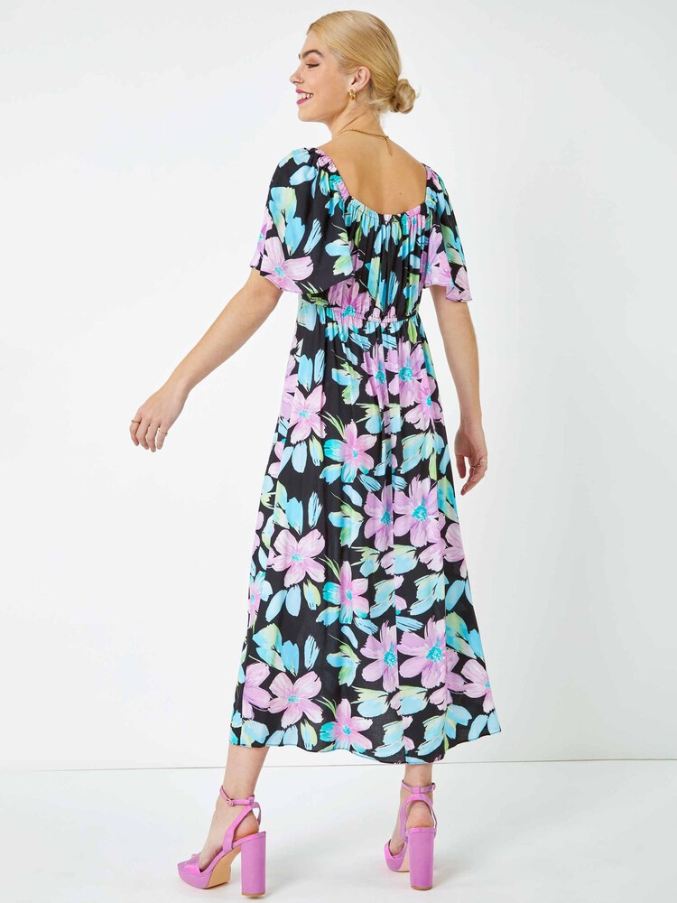 Dusk Black Floral Print Ruched Midi Dress - Image 2 of 5 Dusk Black Floral Print Ruched Midi Dress - Image 2 of 5