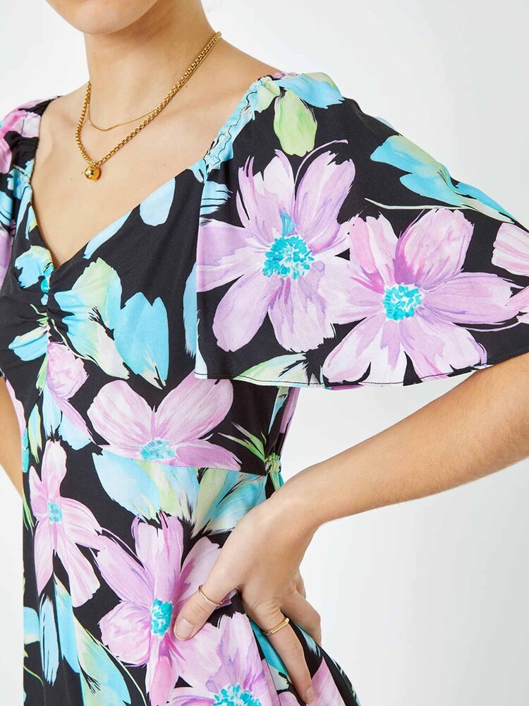 Dusk Black Floral Print Ruched Midi Dress - Image 5 of 5 Dusk Black Floral Print Ruched Midi Dress - Image 5 of 5