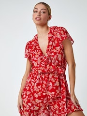 Dusk Red Floral Frill Wrap Playsuit - Image 1 of 5
