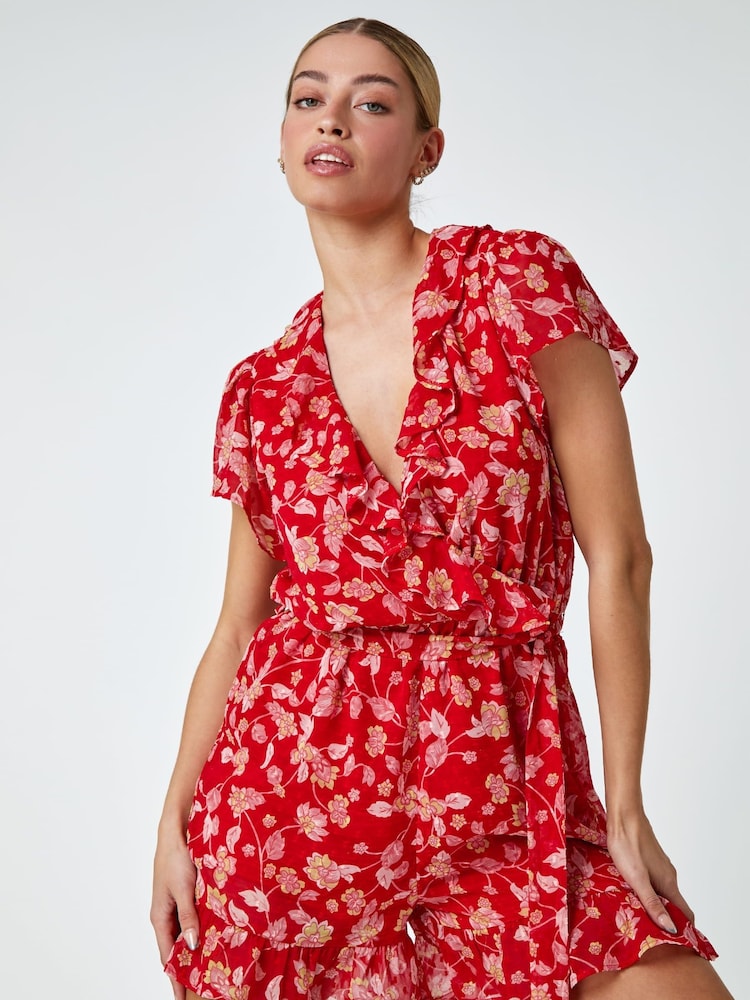 Dusk Red Floral Frill Wrap Playsuit - Image 1 of 5