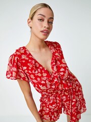 Dusk Red Floral Frill Wrap Playsuit - Image 4 of 5