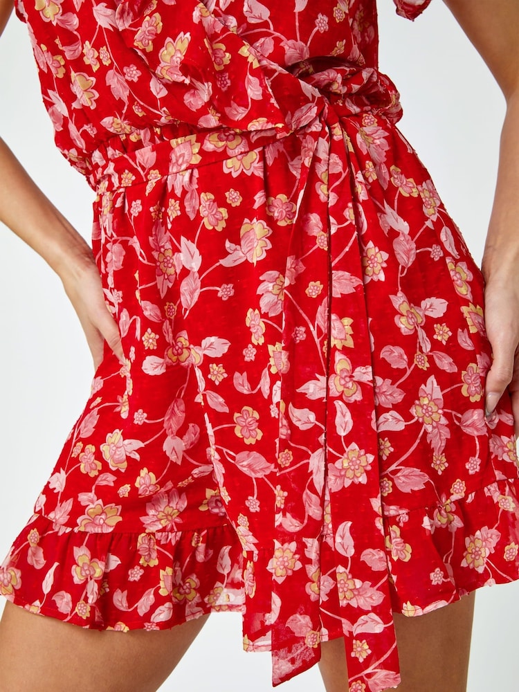 Dusk Red Floral Frill Wrap Playsuit - Image 5 of 5