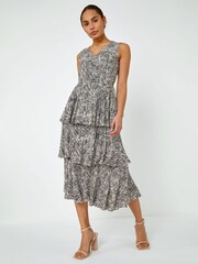 Dusk Black Abstract Animal Print Tiered Midi Dress - Image 1 of 5
