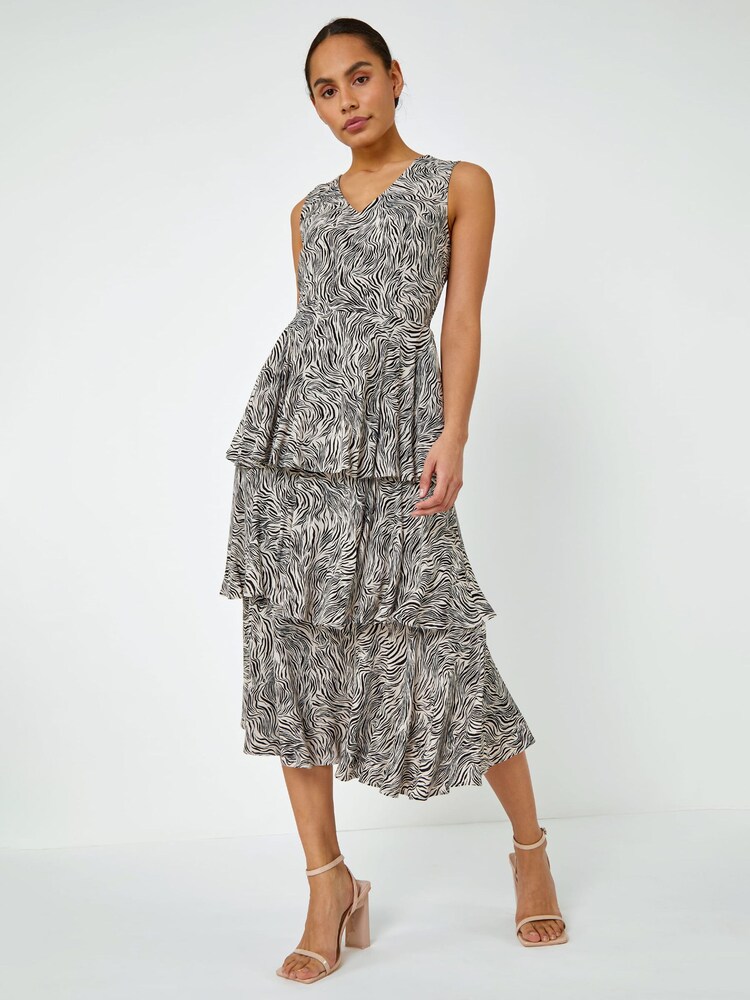 Dusk Black Abstract Animal Print Tiered Midi Dress - Image 1 of 5