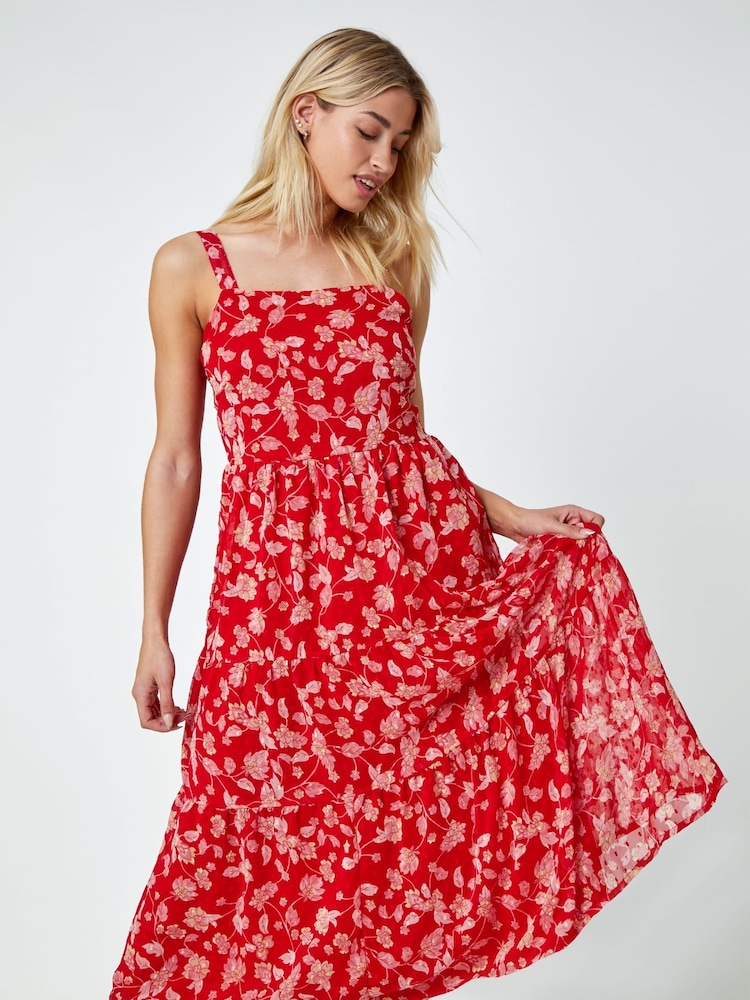 Dusk Red Floral Print Tie Mini Dress - Image 1 of 5