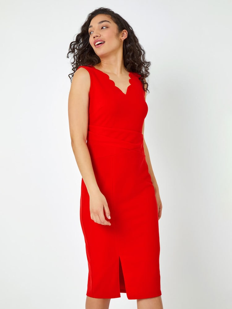 Dusk Red Sleeveless Scallop Detail Stretch Dress - Image 1 of 5