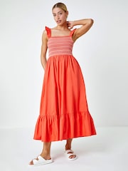 Dusk Orange Frill Detail Shirred Stretch 100% Cotton Midi Dress - Image 1 of 5