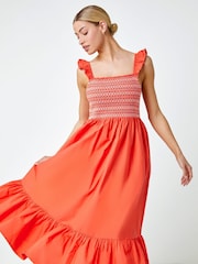 Dusk Orange Frill Detail Shirred Stretch 100% Cotton Midi Dress - Image 2 of 5