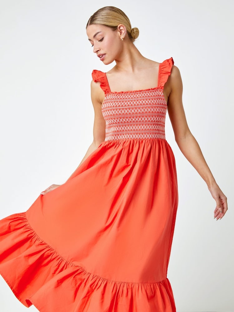 Dusk Orange Frill Detail Shirred Stretch 100% Cotton Midi Dress - Image 2 of 5