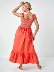 Dusk Orange Frill Detail Shirred Stretch 100% Cotton Midi Dress - Image 3 of 5