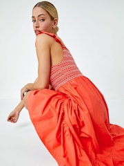 Dusk Orange Frill Detail Shirred Stretch 100% Cotton Midi Dress - Image 4 of 5