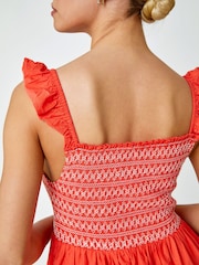 Dusk Orange Frill Detail Shirred Stretch 100% Cotton Midi Dress - Image 5 of 5