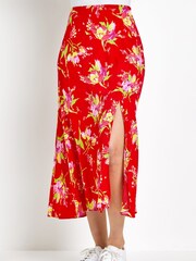 Dusk Red Floral Asymmetric Frill Midi Skirt - Image 1 of 4