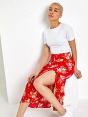 Dusk Red Floral Asymmetric Frill Midi Skirt - Image 4 of 4