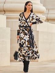 Sosandar Black Flower Print Contrast Trim Midaxi Wrap Dress - Image 1 of 5
