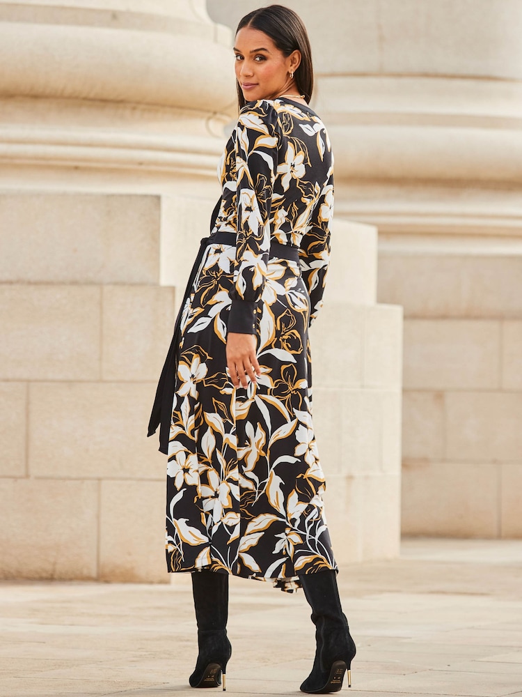 Sosandar Black Flower Print Contrast Trim Midaxi Wrap Dress - Image 2 of 5