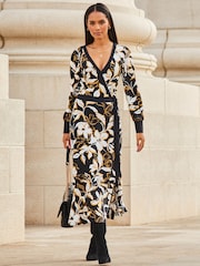 Sosandar Black Flower Print Contrast Trim Midaxi Wrap Dress - Image 3 of 5