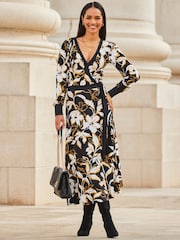 Sosandar Black Flower Print Contrast Trim Midaxi Wrap Dress - Image 4 of 5