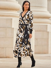 Sosandar Black Flower Print Contrast Trim Midaxi Wrap Dress - Image 5 of 5