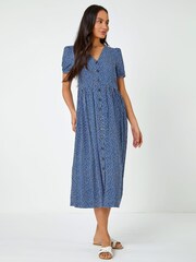 Dusk Blue Ditsy Spot Button Through Midi Dress - Image 3 of 5