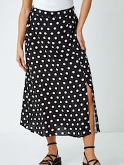 Dusk Black Polka Dot Button Detail Midi Skirt - Image 1 of 5