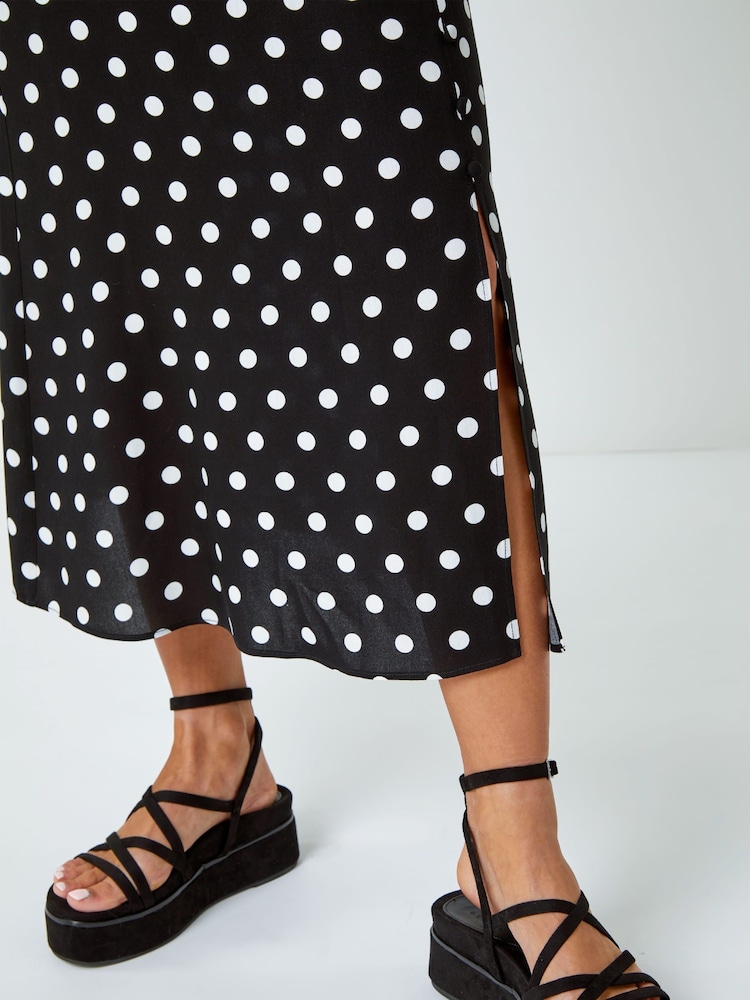 Dusk Black Polka Dot Button Detail Midi Skirt - Image 5 of 5