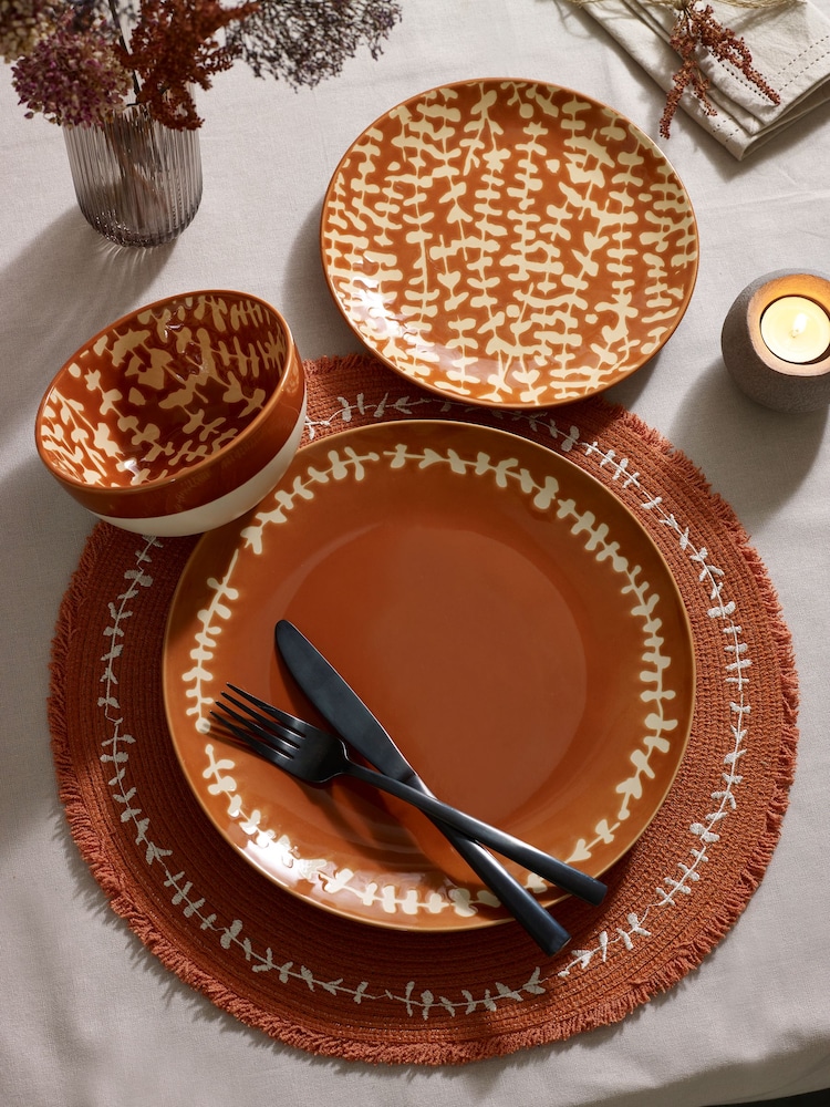 12 Piece Rust Orange Trailing Leaf Dinner Set - Image 1 of 4