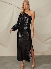 Ro&Zo Selena Sequin One Shoulder Black Dress - Image 5 of 7
