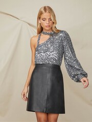 Ro&Zo Silver Pewter Sequin One Shoulder Top - Image 3 of 8