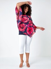 Roman Pink Curve Floral Print Chiffon Overlay Top - Image 3 of 4